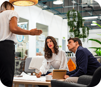 Professional team discussing project strategies at modern office.