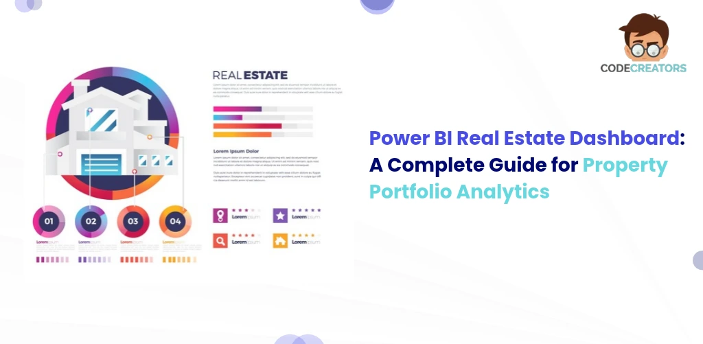 infographics with a text of Power BI Real Estate Dashboard: A Complete Guide for Property Portfolio Analytics 